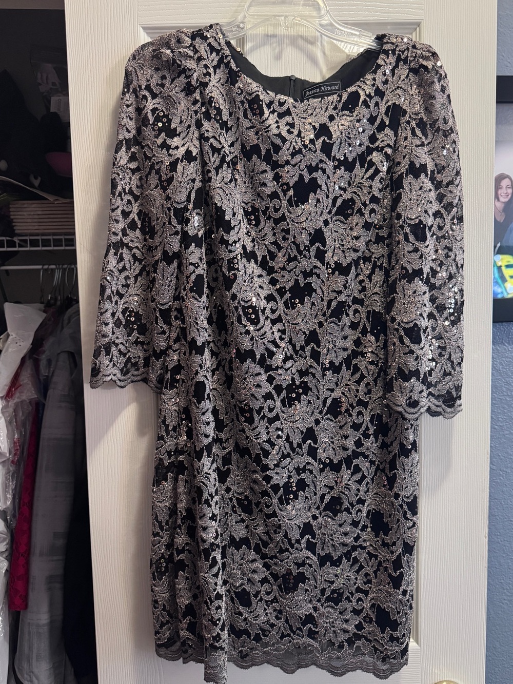 Jessica Howard Black Dress with Silver Lace Overlay
